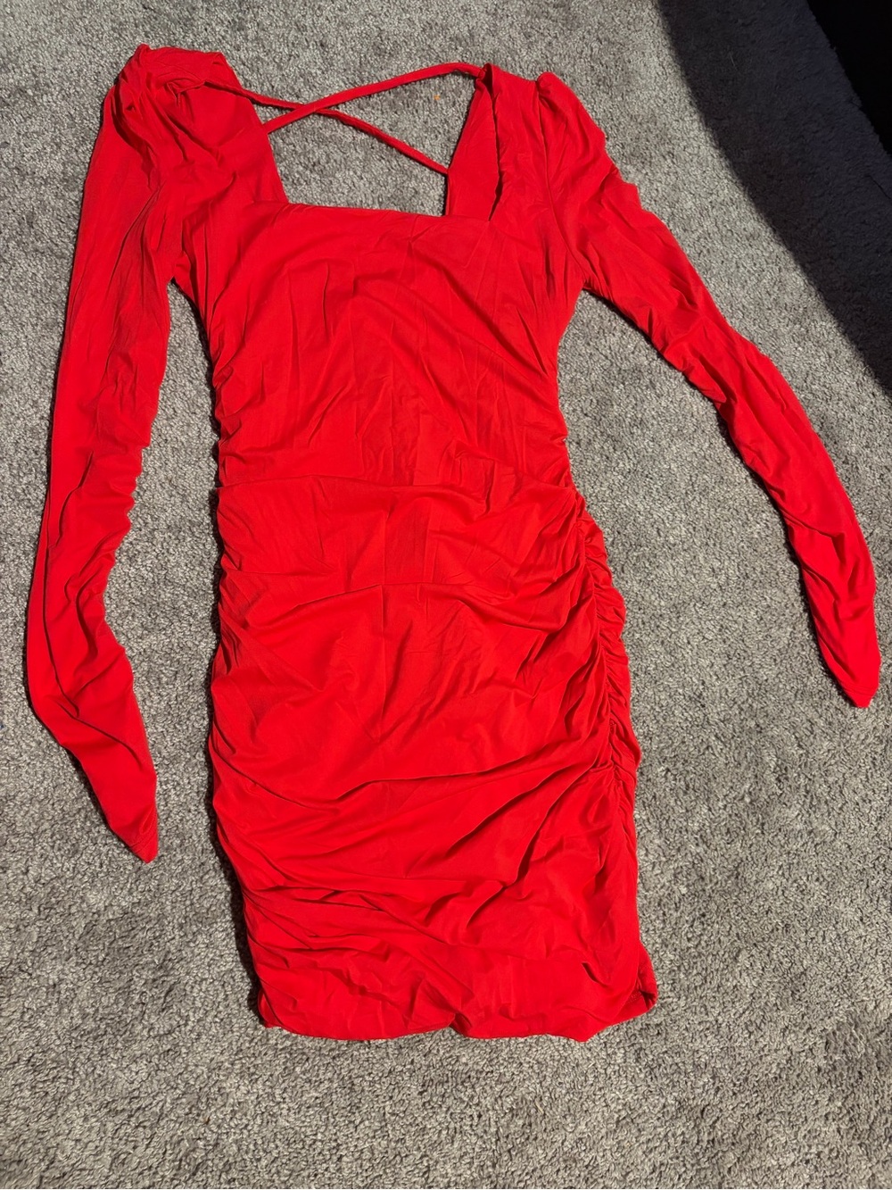 Amazon Red Long-Sleeve Ruched Bodycon Dress with Crisscross Back Straps